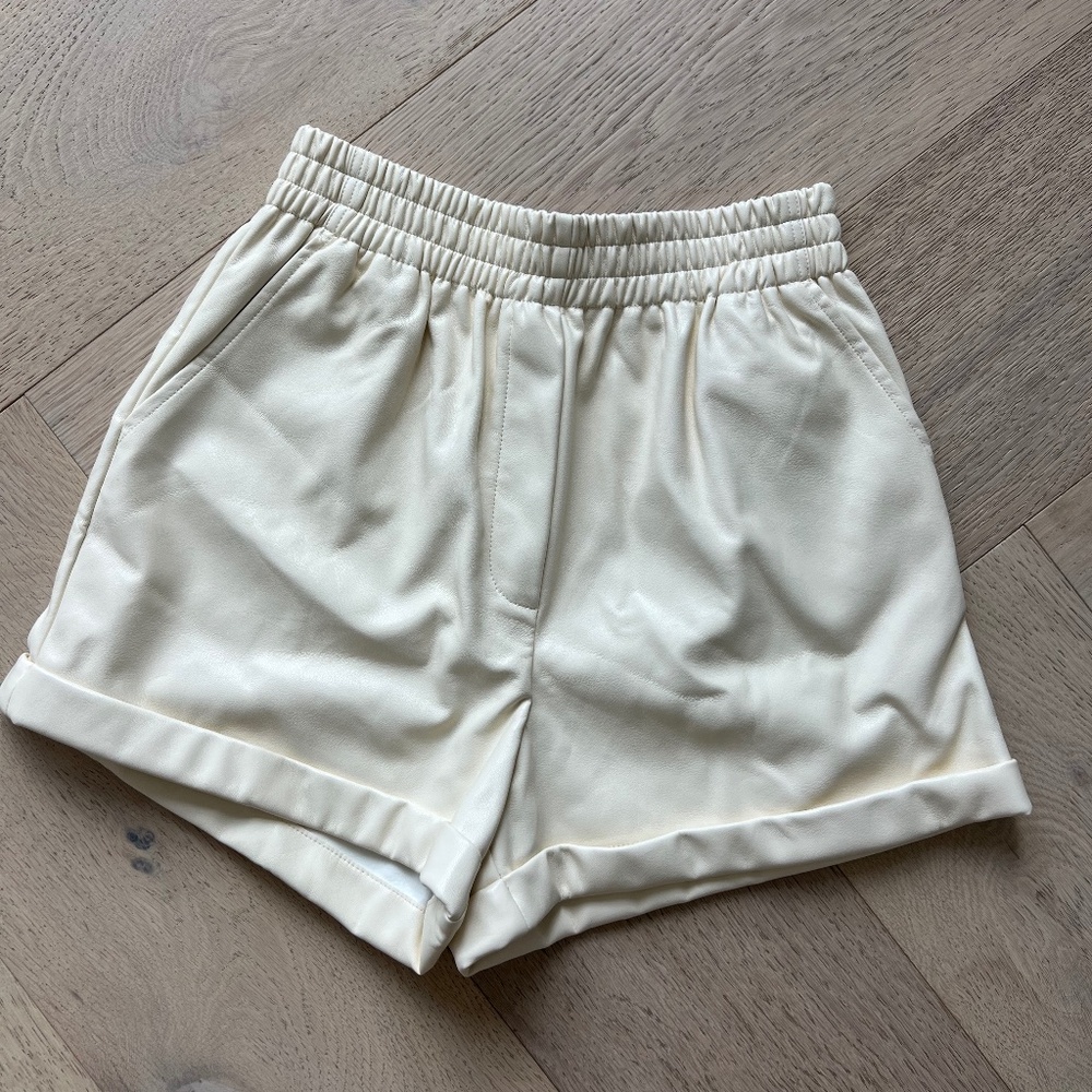 super soft cream, faux leather shorts